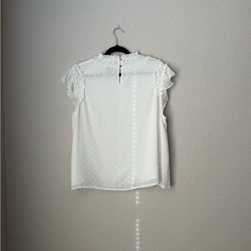 CeCe White Swiss Dot Ruffle Neck Sleeveless Blouse - Picture 2 of 3